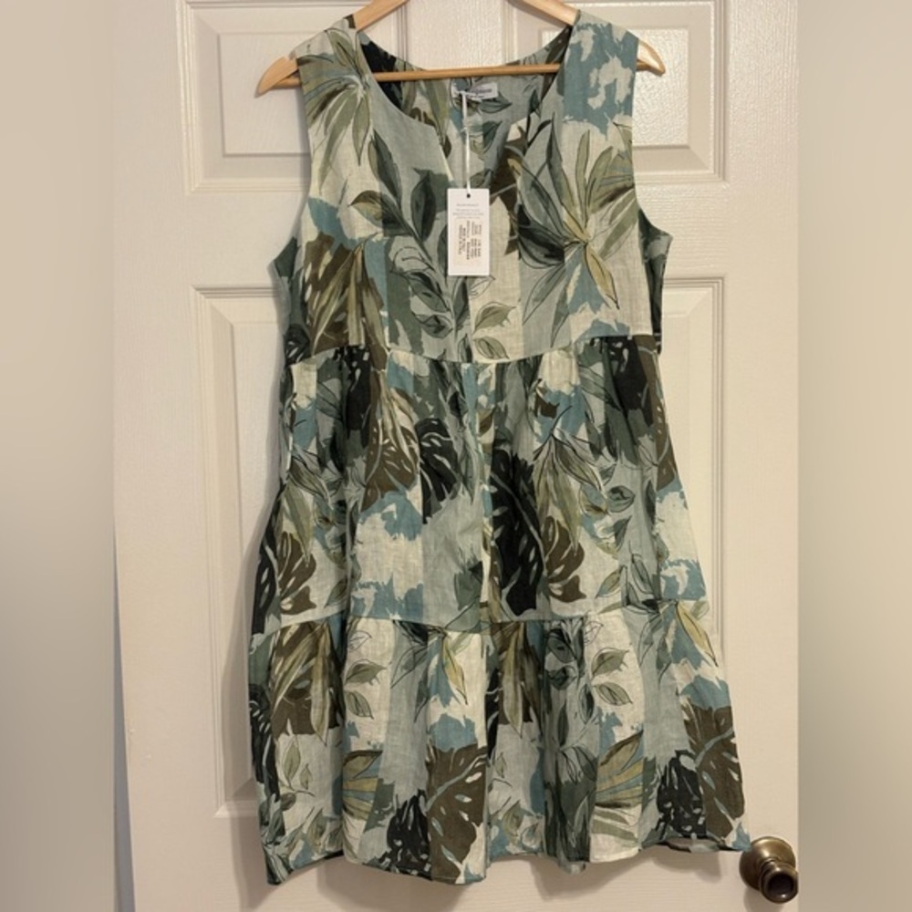NWT Le Ragarre made in Italy 100% Linen Sleeveless Shift Botanical Mini Dress M